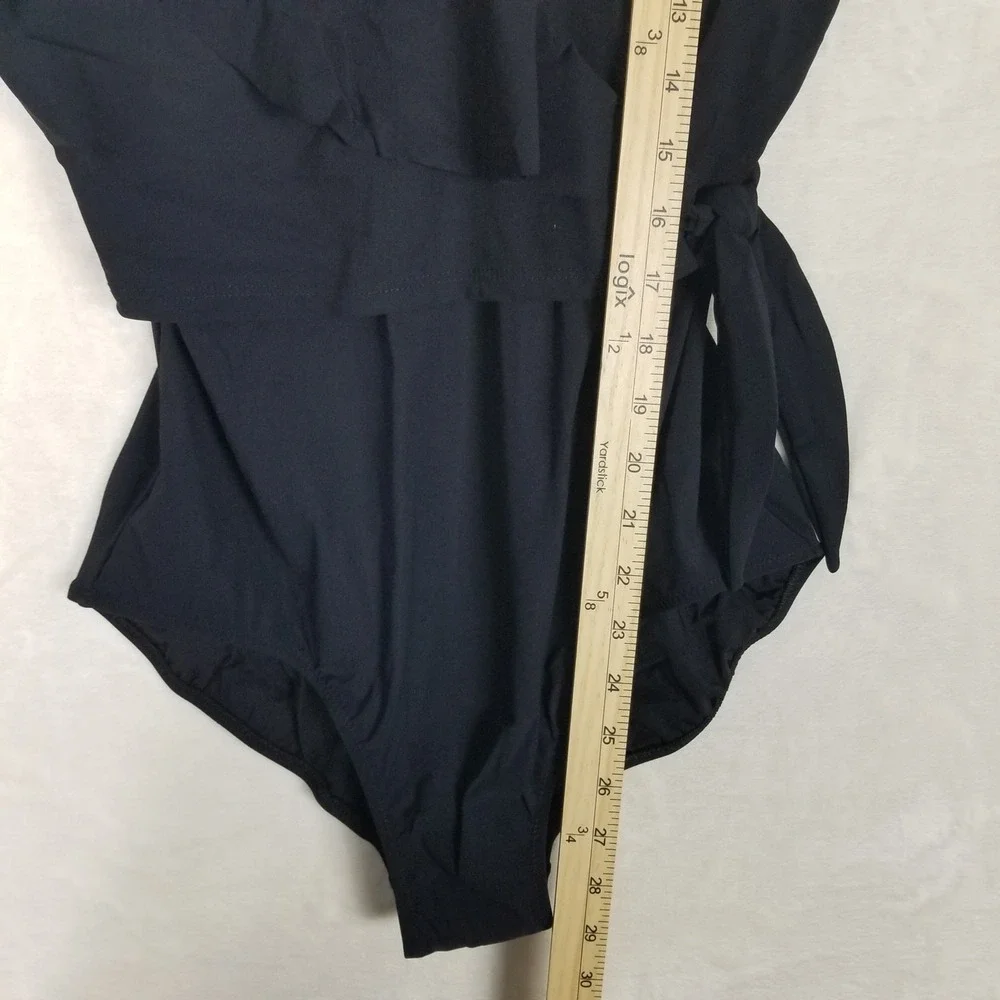Gottex One Piece Swimsuit Womens 14 Black Ruffle Wrap Side Tie ETT2132 NWT